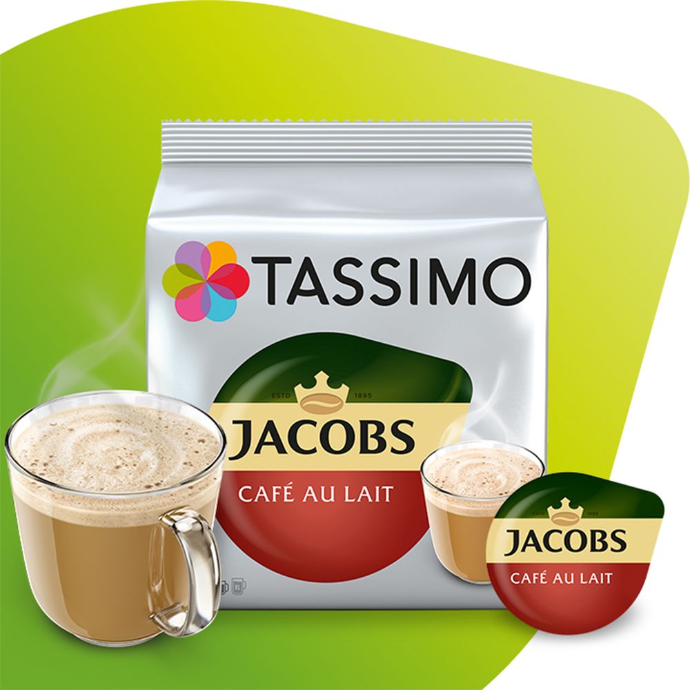 Opakowanie Tassimo cafe au lait z kubkiem kawy i kapsułką
