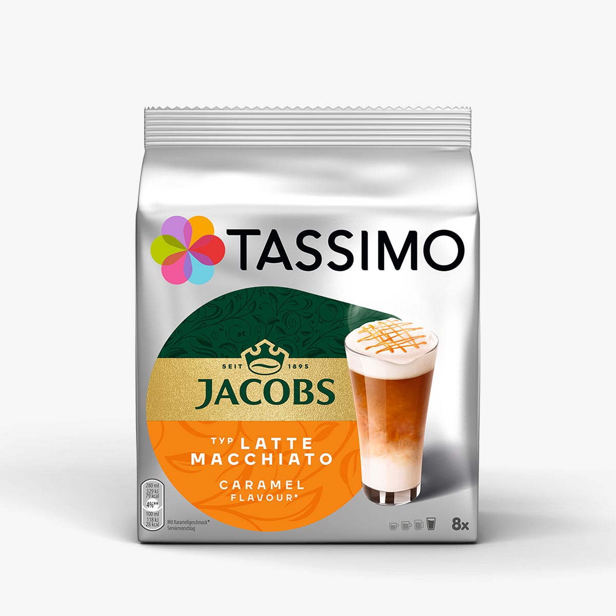 Kapsułki Tassimo Jacobs Latte Macchiato Caramel 8 kaw białych, rozmiar XL