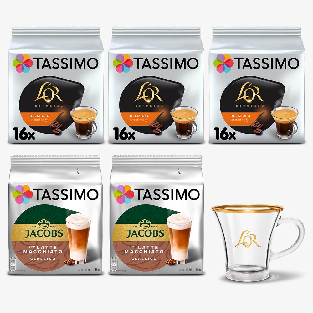 3x Tassimo L’OR Espresso Delizioso + 2x Tassimo Jacobs Latte Macchiato Classico + filiżanka L'OR