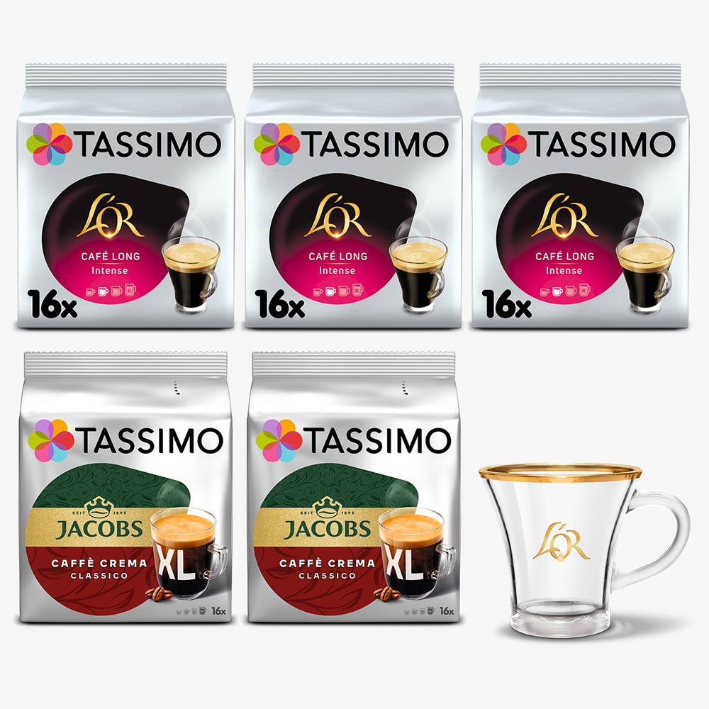 3x Tassimo L’OR Café Long Intense + 2x Tassimo Jacobs Caffè Crema Classico XL + filiżanka L'OR GRATIS