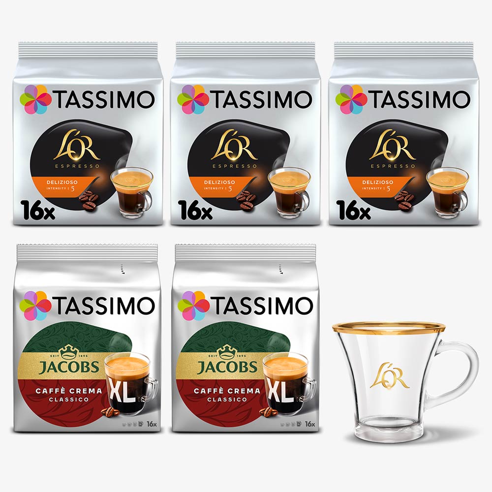 3x Tassimo L’OR Espresso Delizioso + 2x Tassimo Jacobs Caffè Crema Classico XL + filiżanka L'OR