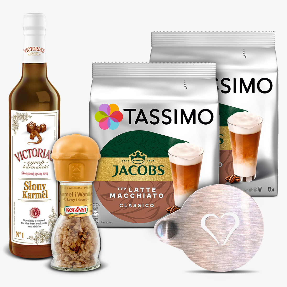 Zestaw 2x Jacobs Latte Macchiato Classico + syrop słony karmel i młynek słony karmel + szablon