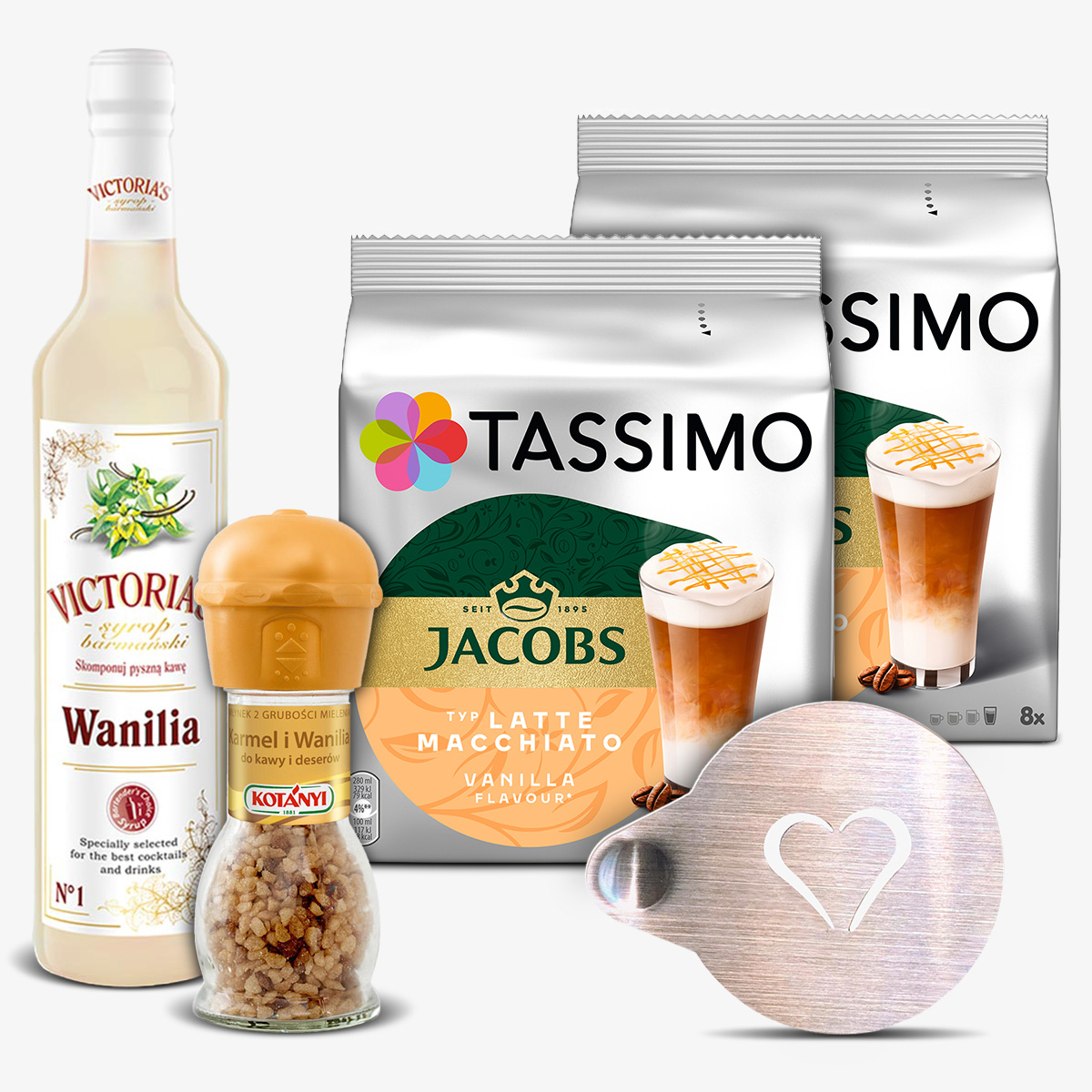 Zestaw 2x Jacobs Latte Macchiato Vanilla + syrop vanilla i młynek karmel i vanilla + szablon