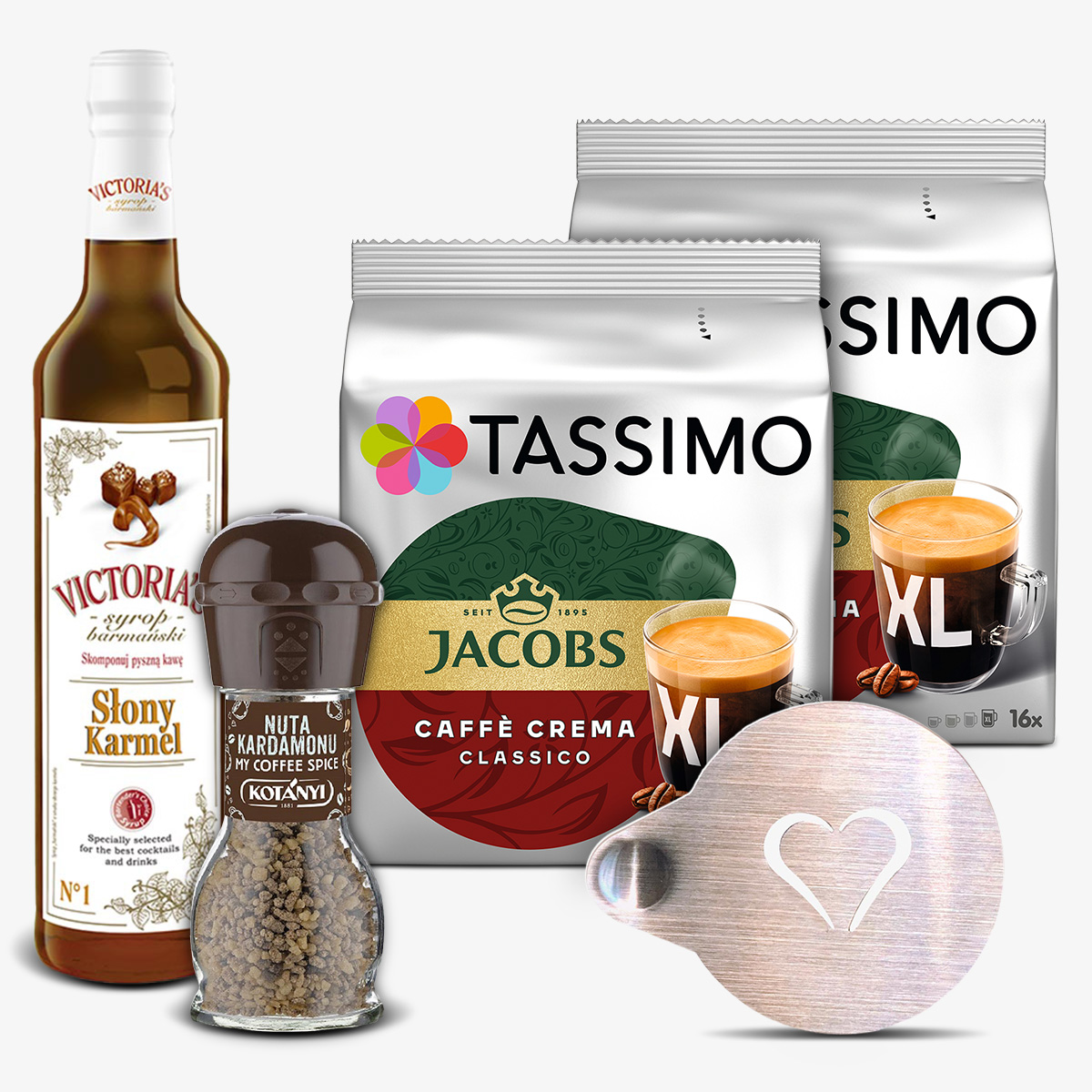 Zestaw 2x Jacobs Caffe Crema Classico + syrop słony karmel i młynek kardamon + szablon